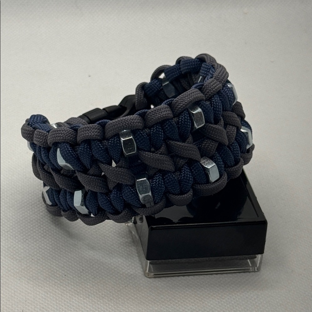Handmade Gray & Navy Paracord Bracelet with Zinc Hex Nuts